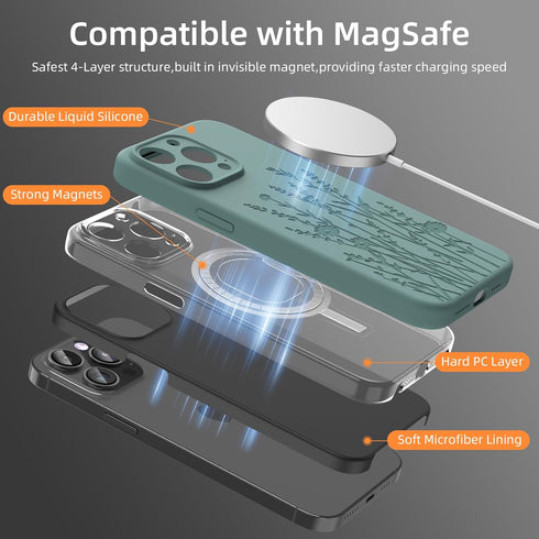 Midnight Green Flower Magnetic Silicone Case for iPhone 15 Pro, Magsafe Compatible, Camera Protection, Soft Microfiber