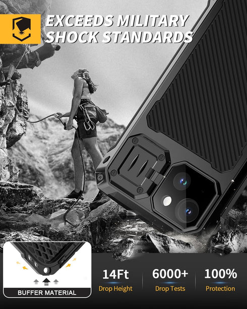 Lanhiem Magnetic Metal Case for iPhone 14, Built-in Camera Kickstand & Glass Screen Protector, Black