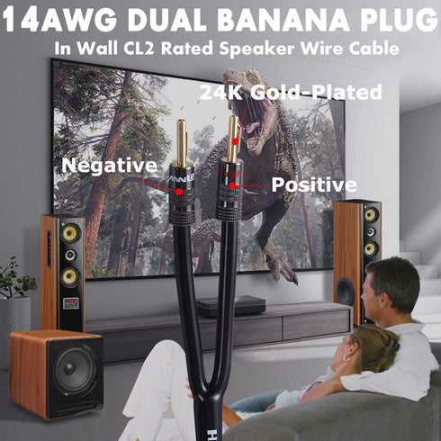 14AWG Speaker Wire Cable, 3 Feet, 1 Pack Premium Heavy Duty Braided, Gold Plated Banana Plug Tips, Black