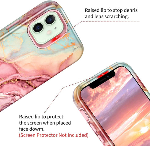 Btscase iPhone 12 Case: Heavy Duty Three Layer Marble Shockproof Rugged Hard PC + Soft TPU Bumper Cover - Rose Gold