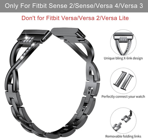 Wearlizer Metal Band Compatible with Fitbit Versa 4/3/Sense/Sense 2 - Dressy Stainless Steel Rhinestone Bracelet