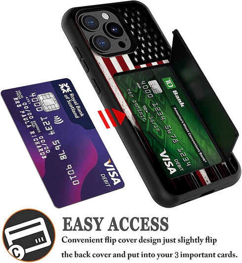 Wallet Case for iPhone 14/iPhone 13, Shockproof TPU & PC Dual Layer Cover with Hidden Card Slot, Old American Flag