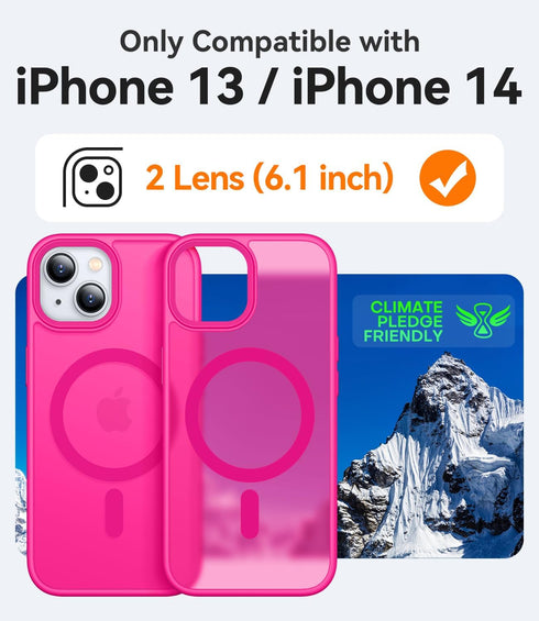 CANSHN Translucent Matte Back Case for iPhone 14/iPhone 13, Compatible with MagSafe, Hot Pink