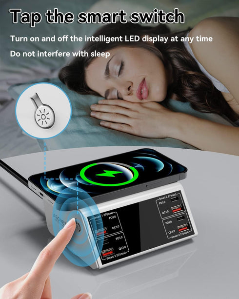 100W 8-Port Charging Station for Multiple Devices, 4 QC3.0 + 4 USB C PD Ports, Wireless Charger Hub