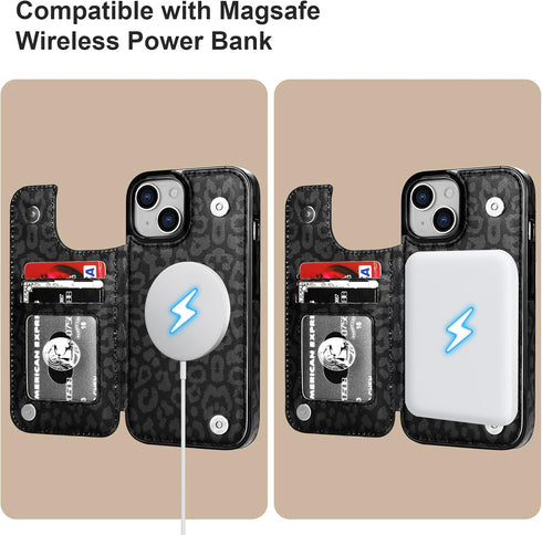 HAOPINSH 15 6.1" for iPhone Case Wallet Compatible with MagSafe Wireless Charging, Black Leopard Pattern Back Flip