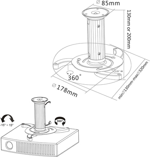 Cmple 360 22lbs - Universal Adjustable Ceiling Projector Mount, Degree Swivel Rotatable Projector Bracket - Max