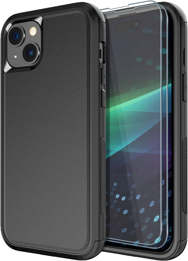Diverbox Heavy Duty iPhone 15 Case (Black) - Shockproof, Dropproof, with Tempered Glass Screen Protector, 6.1"