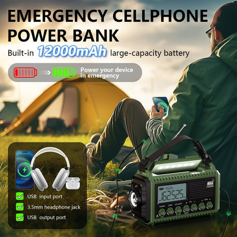 Emergency Radio Weather Radio 12000mAh, AUTO NOAA Solar Hand Crank Radio, AM/FM/SW/NOAA Portable Radio