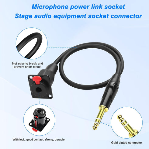 XMSJSIY D-Type 6.35mm 1/4" Female Panel Mount to Male Stereo Connector Cable, Speaker Headphone Extension-0.5M