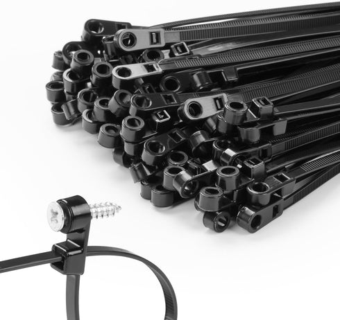 MasiStranth 200 PCS 12 inch Black Zip Ties with Screw Hole 75lbs Mountable