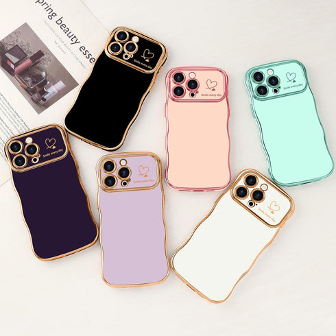 LCHULLE iPhone 14 Pro Max Case for Women, Cute Wave Frame Curly Shape with Love Heart Raised Camera Protection, Dark