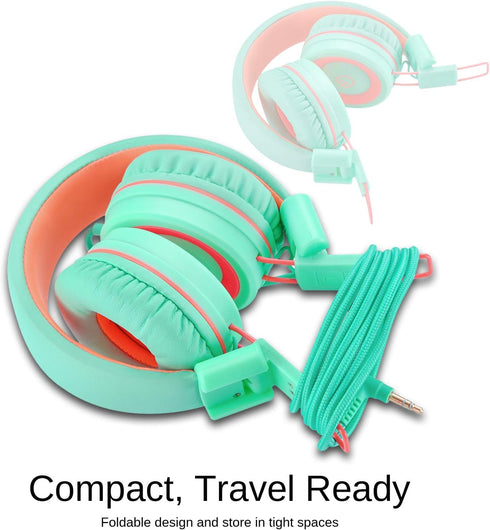 noot products Kids Headphones K11 Wired On-Ear Headset, Foldable Stereo, 5ft Long Cord, 3.5mm Jack, Mint/Coral for