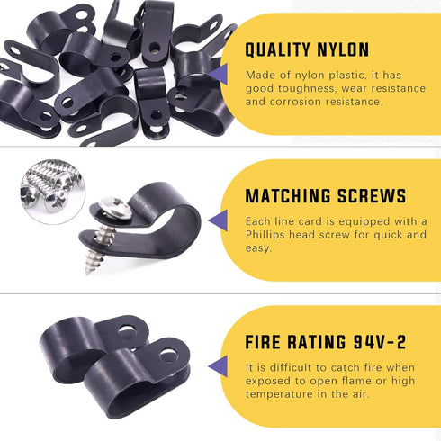 Swpeet 120 Pack Black 1/2 Inch Nylon Plastic R-Type Cable Clips, Screw Mounting Fastener Clips with 120 Screws