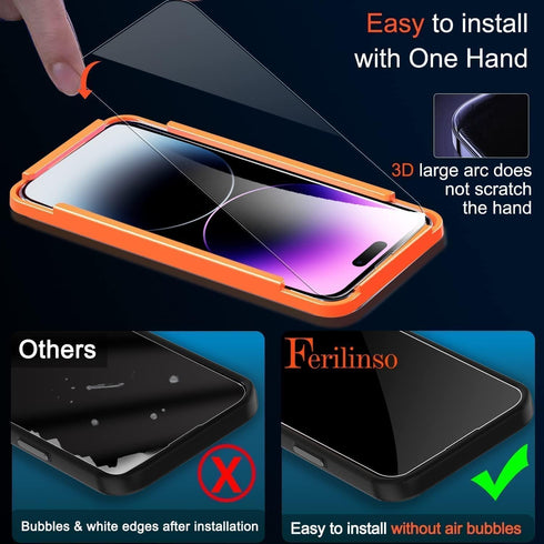 Ferilinso 3 Pack Screen Protector for iPhone 14 Pro Max & Plus + 2 Tempered Glass Camera Lens Protectors.