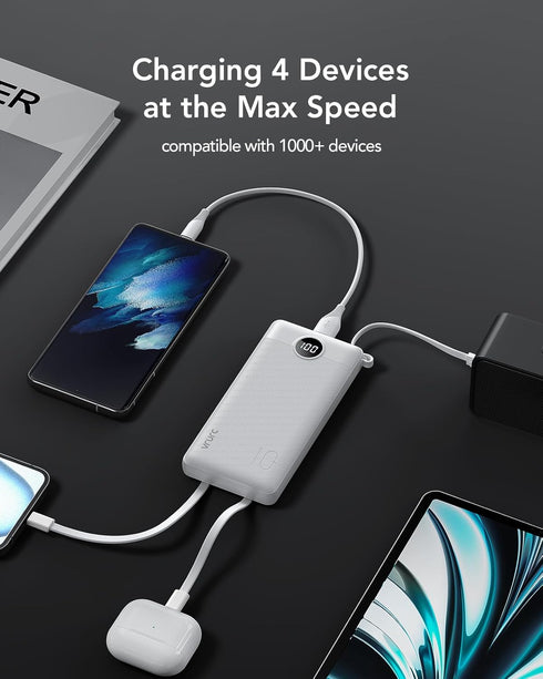 VRURC Portable Charger Fast Charging, 22.5W 10000mAh Power Bank, USB C Built-in Cable, LED Display Slim Charging Bank,