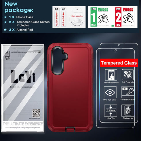 LeYi Samsung A54 5G Case with 2 PCS Screen Protector, Heavy Duty 3 in 1 Military Grade Shockproof Cover (Red+Black)