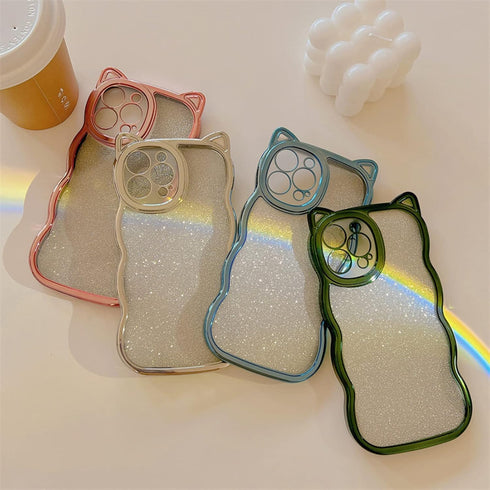 Cute Cat Ears iPhone 11 Case for Women/Girls, Green Glitter Bling, Shockproof, Anti-Scratch, Curly Wave Design.