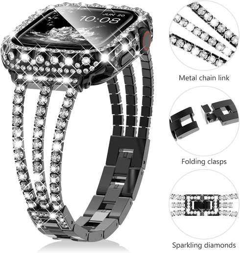 Surace Bling Diamond Rhinestone Link Bracelet for Apple Watch Bands 45mm, 2 in 1 Waterproof Bling Case (Black)