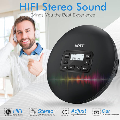 HOTT CD204 Portable CD Player - Personal Compact CD Player with Headphones, Anti-Skip/Shockproof for Home Travel, Black