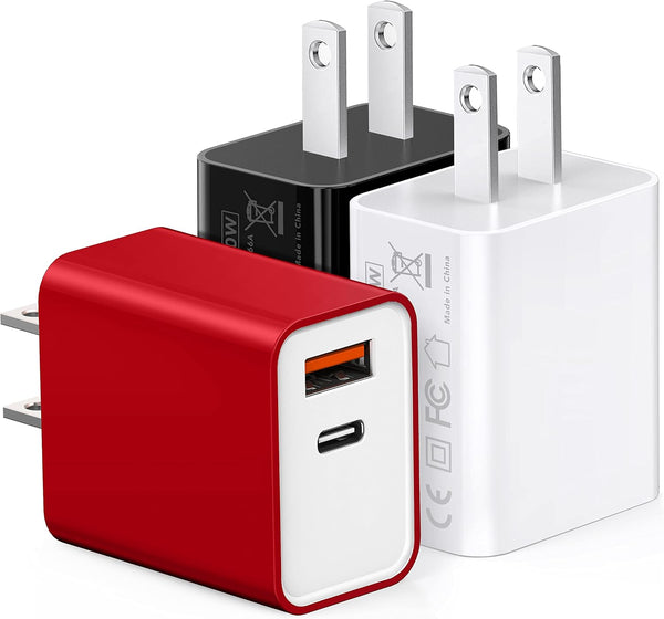 3Pack 20W PD USB Charger, Dual-Port USB-C Wall Charger Plug for iPhone, Samsung Galaxy, Google Pixel, More