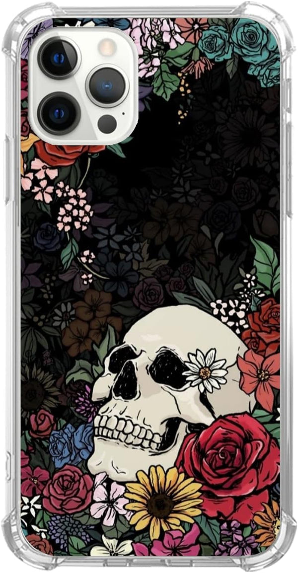 Floral Skull Case for iPhone 15 Pro Max, Unique Trendy TPU Bumper Cover with Sugar Skull and Flowers Design