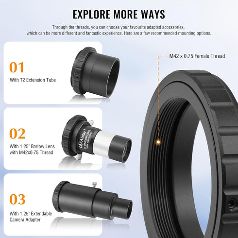 A ALSTAR T2 1.25 Inch Alstar Telescope Photo Adapter for Minolta AF and Sony A Mount DSLR Cameras, T Mount Telescope