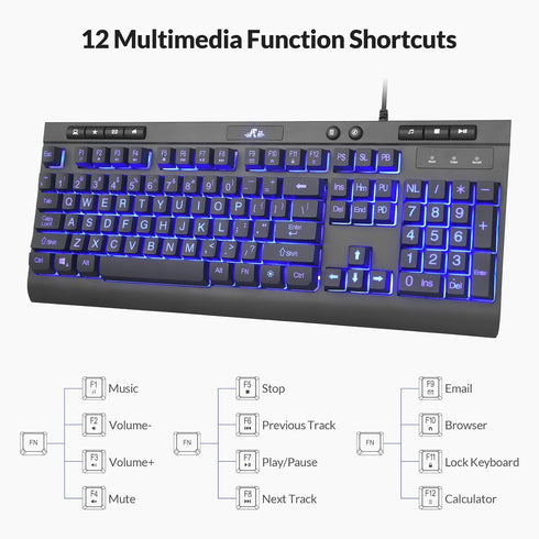 Rii RK900Pro Large Print Backlit Keyboard,Wired USB Full Size Computer Keyboard with Blue Backlight, Compatible