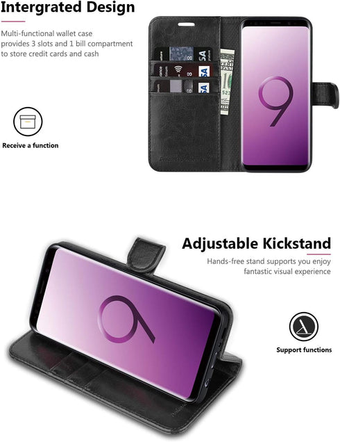 OCASE Samsung Galaxy S9 Case – Leather Flip Wallet Case for Samsung Galaxy S9 Devices (Black)