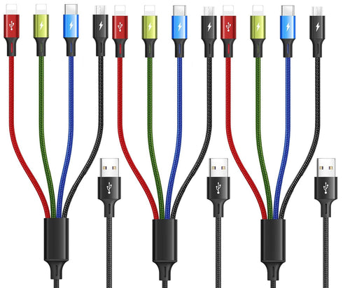 4A Multi Charging Cable 3Pack - 4FT 4 in 1 Fast Charger for Samsung Galaxy, LG, Huawei & More (IP/Type C/Micro USB)
