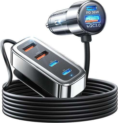 AINOPE Car USB Charger Multi Port, 108W Fast USB C PD 36W & QC3.0 Cigarette Lighter for iPhone 15 Pro Max