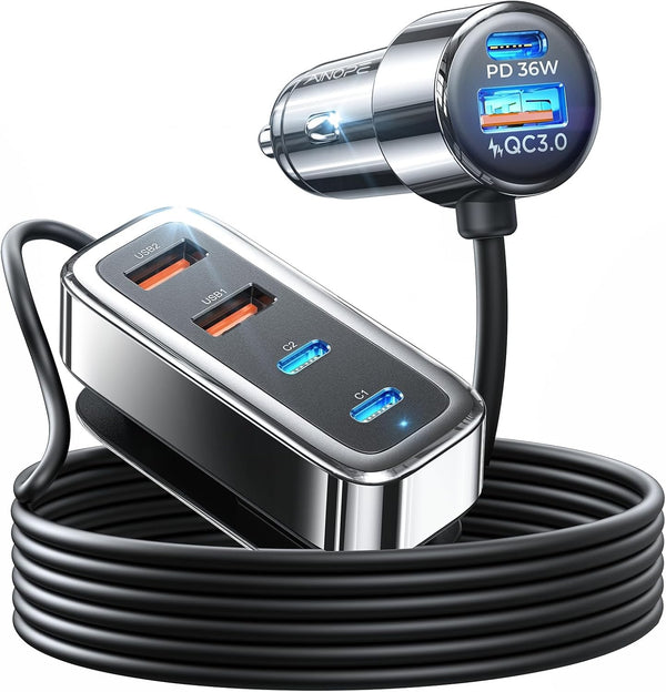 AINOPE Car USB Charger Multi Port, 108W Fast USB C PD 36W & QC3.0 Cigarette Lighter for iPhone 15 Pro Max