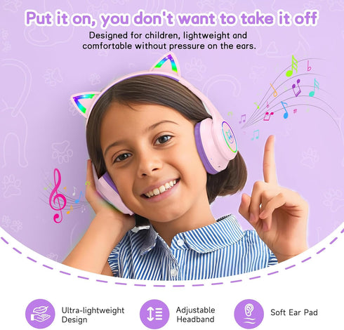 LOBKIN Kids Bluetooth Headphones, Over Ear Wireless with Mic, 50H Playtime, Colorful LED Lights, Safe Volume