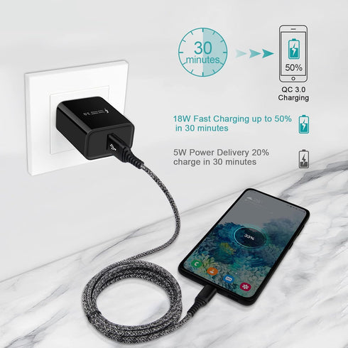 Quick Charge 3.0 Wall Charger Block C Charger Cable Android Phone Charger Cord C Type with Car Plug Fast Charge for Samsung Galaxy A73 A53 A33 A23 A13 A03S S22 S21FE S20fe A11 A12 Note 20 Ultra S10