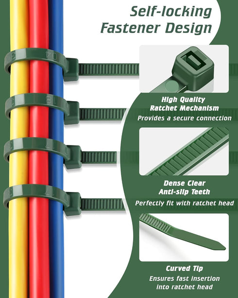 8 Inch PA66 100 3.6mm 45 Lbs, Green Zip Ties, Pcs Heavy Duty Plastic Wire Ties with Premium Self-locking Nylon Cable