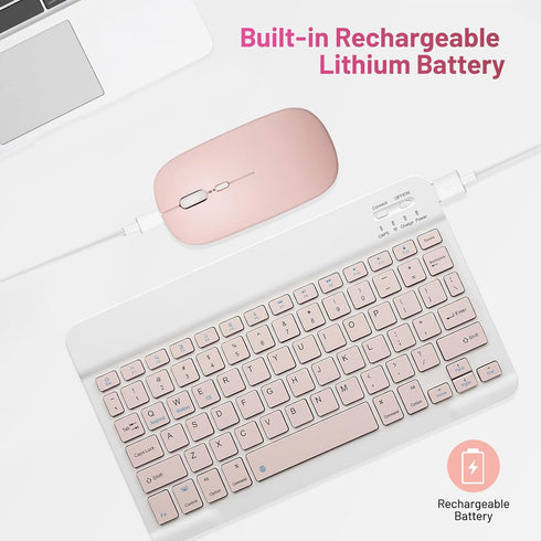Bluetooth Keyboard and Mouse Combo - Rechargeable Wireless Set for Apple iPad, iPhone, Samsung Tablet, Pink