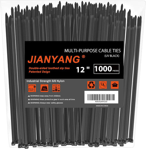 12 Inch Zip Ties Double Sided Toothed (Bulk 1000 Pack),85 LBS Tensile