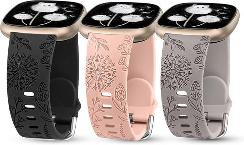 Minyee 3 Packs Floral Engraved Band for Fitbit Versa 4/3/Sense 2, Cute Soft Silicone Dandelion Pattern Strap