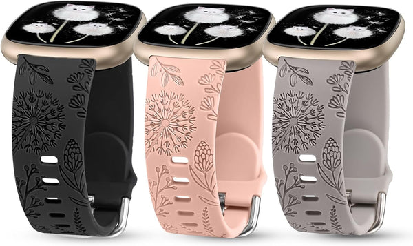 Minyee 3 Packs Floral Engraved Band for Fitbit Versa 4/3/Sense 2, Cute Soft Silicone Dandelion Pattern Strap