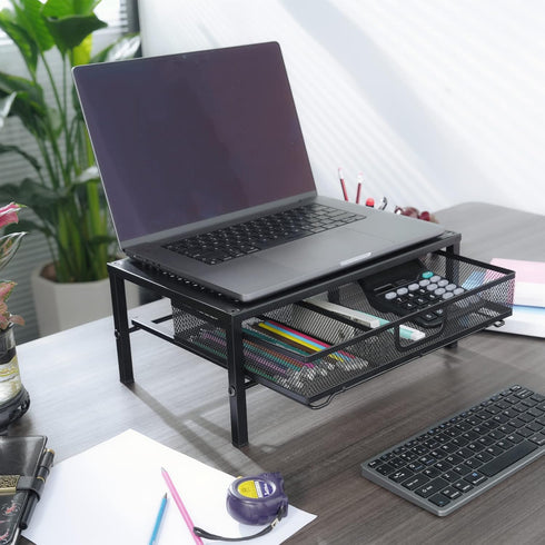 Metal Computer Monitor Stand with Drawer, Desktop Riser for Laptop, Printer, and Monitor, Black