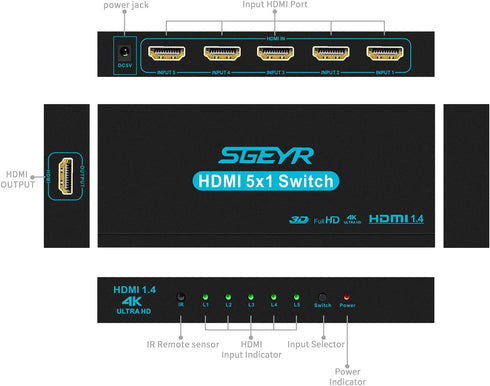 HDMI Switch SGEYR 5x1 HDMI Switcher, 5 in 1 Out Selector with IR Remote Control, 4K@30Hz Ultra HD Support
