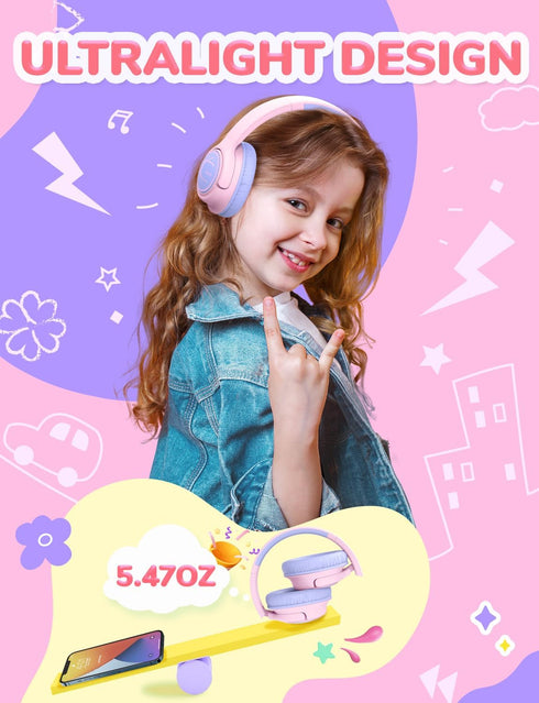 iClever Kids Headphones with Cord, 85dBA Safe Volume Wired Headphones for Kids, Over Ear for School/Tablet (Pink)