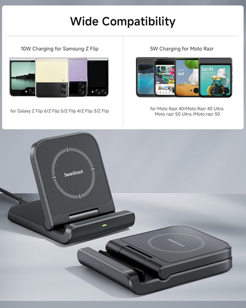 Wireless Charger for Samsung Z Flip 6, SwanScout 501S, Foldable Fast Charging Stand for Galaxy Z Flip Series