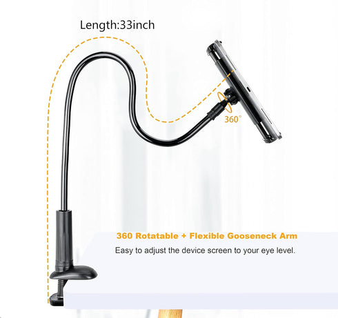Gooseneck Tablet Stand Kindle Holder for Bed, Adjustable Flexible Arm Clamp Mount Clip Holder for Phone iPad Air Mini |
