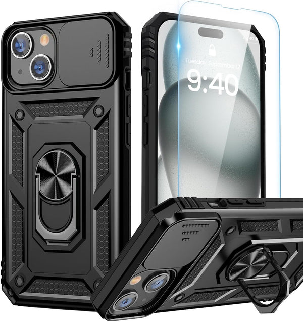 Goton iPhone 15 Plus Case - Heavy Duty Shockproof Bumper with Slide Camera Cover & Screen Protector, Black
