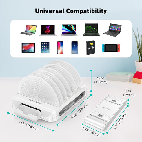 Vertical Laptop Stand for Desk, Adjustable Multi-Device Organizer, 6 in 1 with 360° Rotating Base, White