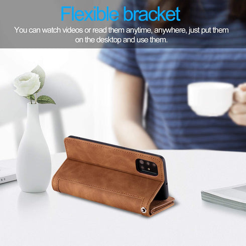 EYZUTAK Wallet Phone Case for Samsung Galaxy A51, Retro Matte 9 Card Holder Slots Zipper Pocket Case - Brown