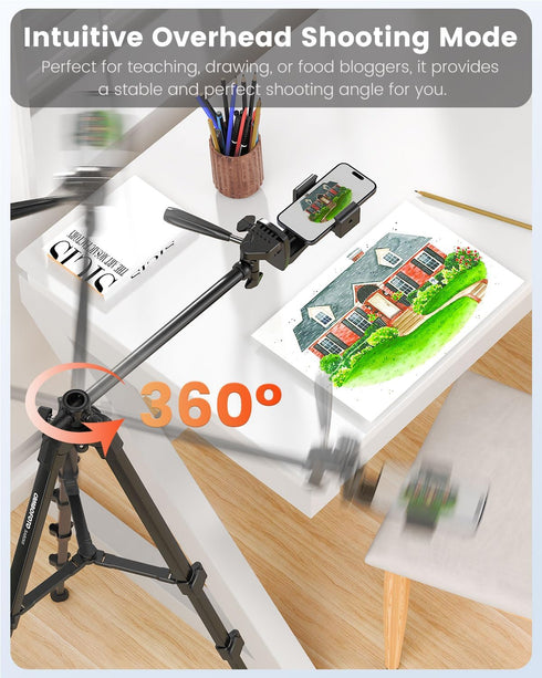 73" Phone Tripod with Horizontal Overhead, Selfie Stick/Tall Travel Tripod Stand with Wireless Remote and Holder