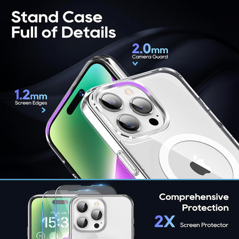 Magnetic Case for iPhone 15 Pro Max, Clear, with Slim Kickstand & Screen Protector, Compatible with MagSafe