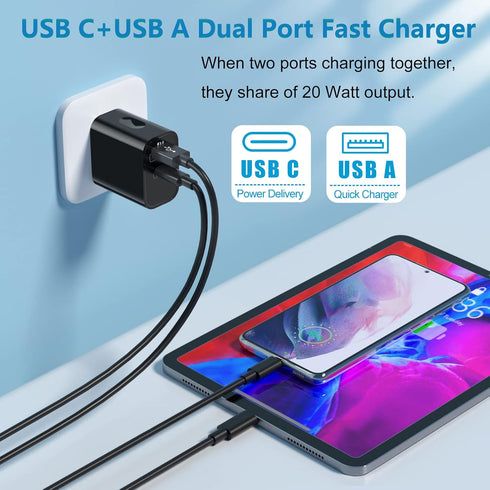 20W USB C Fast Charger + Quick Charge 3.0 Wall Charger, Bangfun 5 Pack Dual Port Power Adapter, Black
