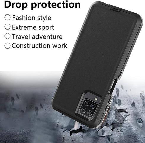 Heavy Duty Case for Samsung Galaxy A12, Shockproof, Dropproof, Dust-Proof with Clip (Black)